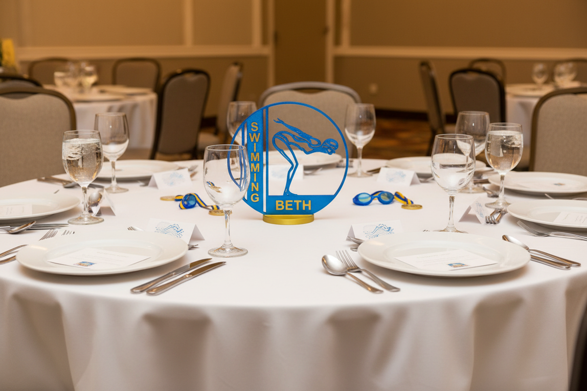 Girl swimmer award on banquet table
