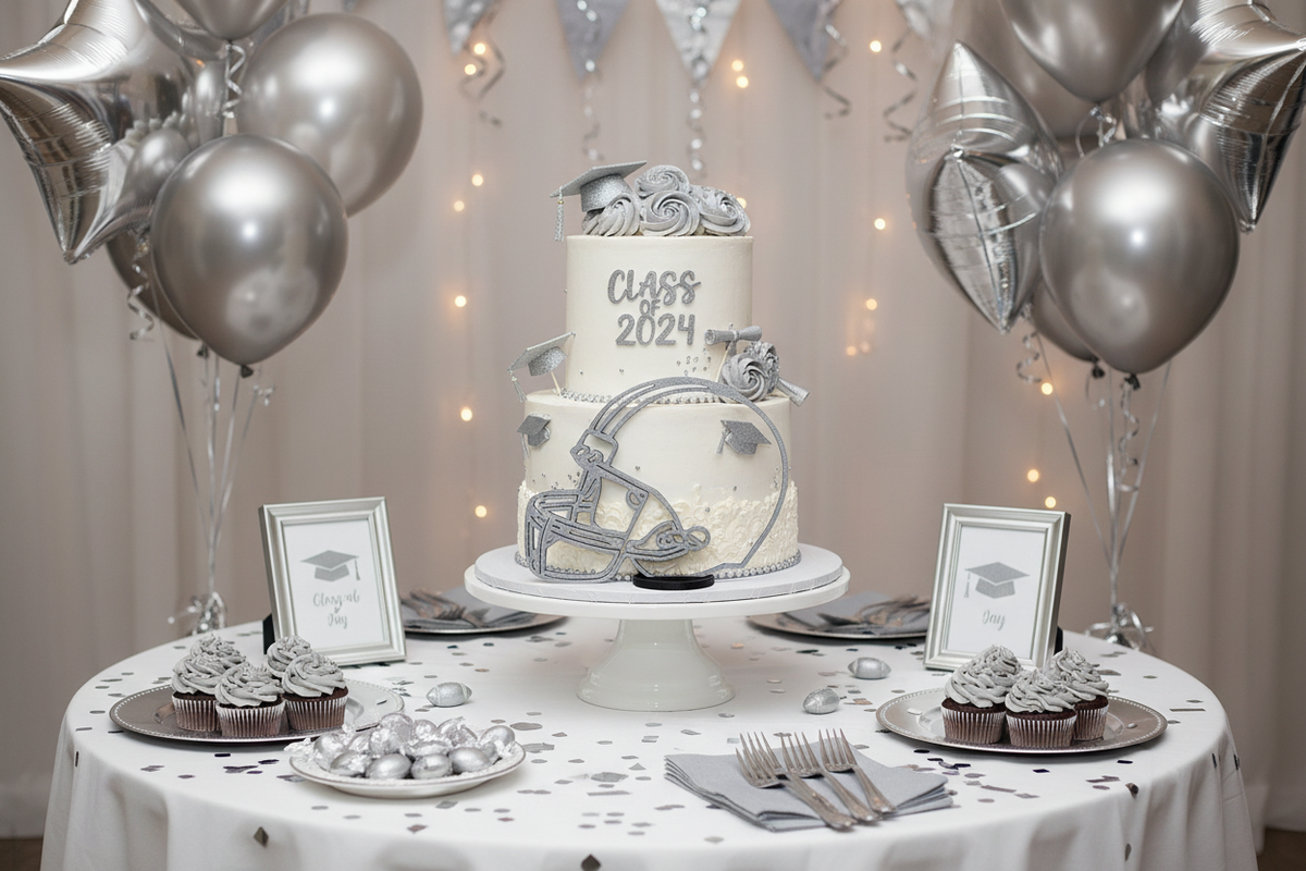 Silver Football helmet used on Graduation Party Table centerpiece display