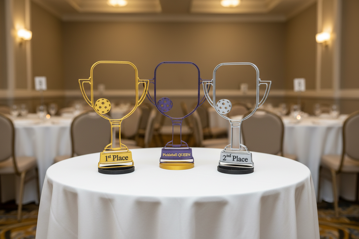 Pickleball trophies on round banquet table